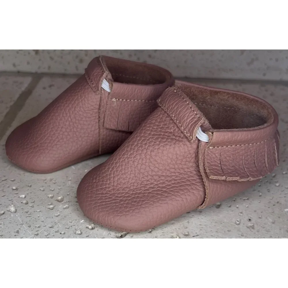 Olive & Annie Handmade Leather Infant Moccasins With Fringe Brown Sz 2 Baby Shoe